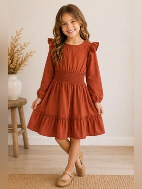 BCBG Girls Rust Ruffle Sleeve Smocked Waist Dress Size 7